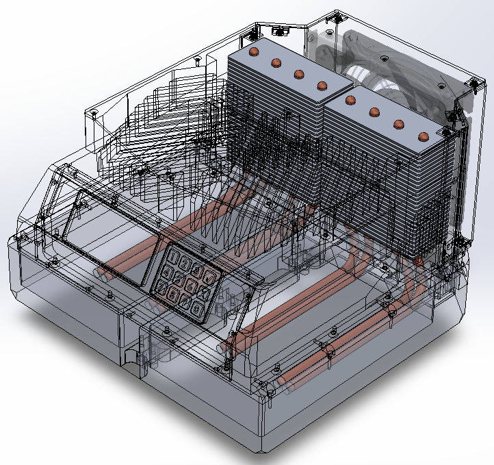 Transparent view of all eight heatpipes across both RF modules
