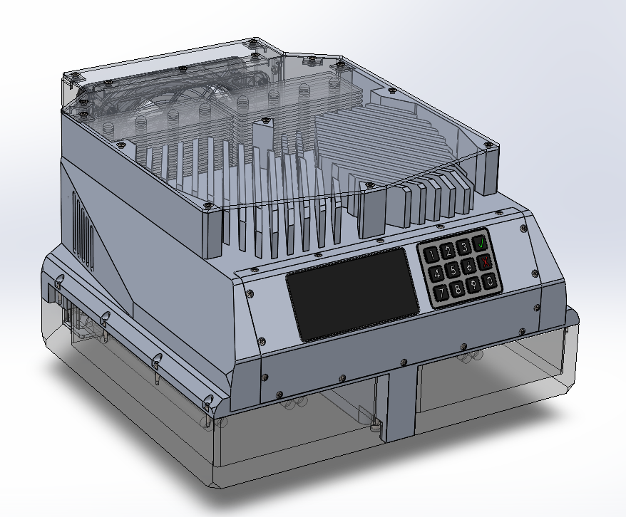 Transparent cutaway of the main chassis showing heatsink, fan, and control panel