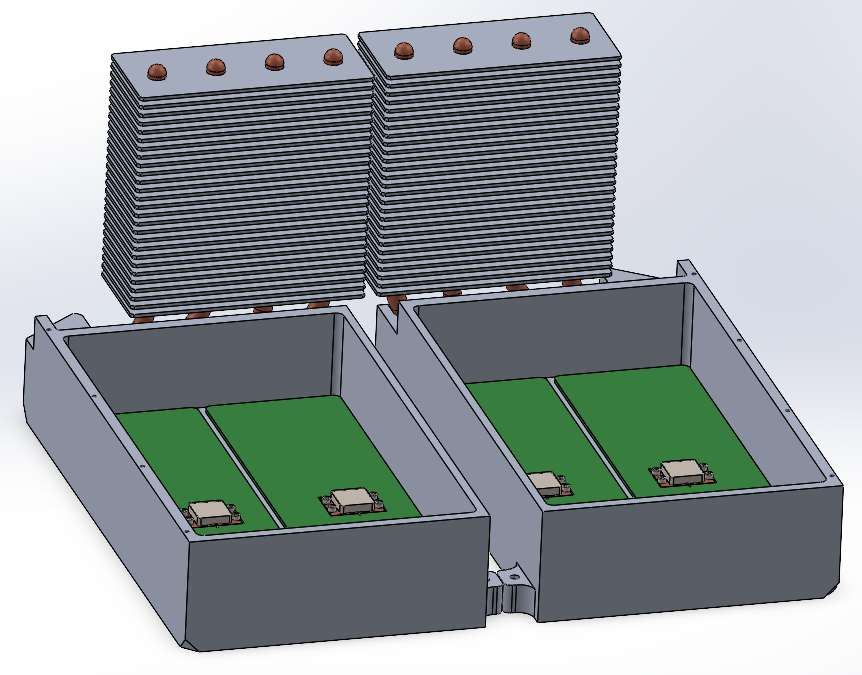 RF modules, open, with heatpipe fin stacks detached above